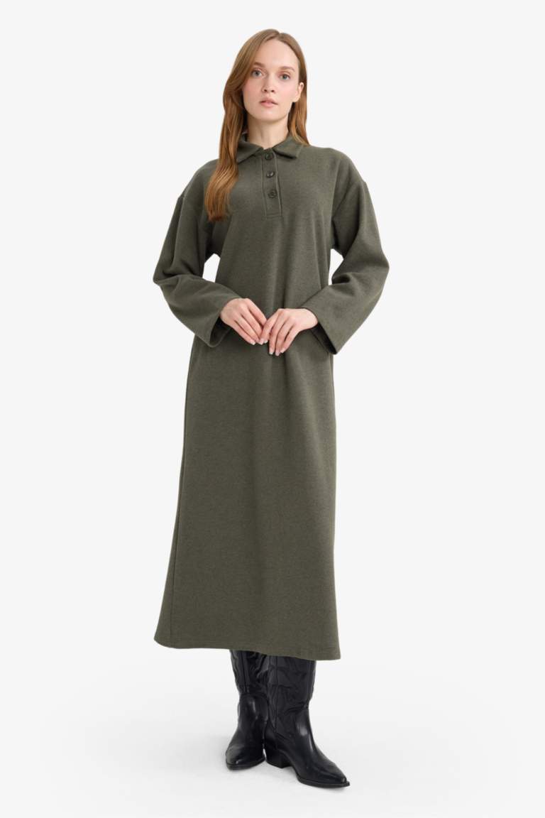 Regular Fit Polo Yaka Uzun Kollu Maxi Elbise