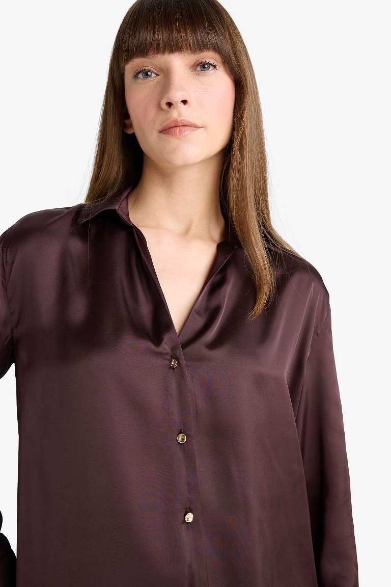 Regular Fit Shirt Collar Satin Long Sleeve Shirt