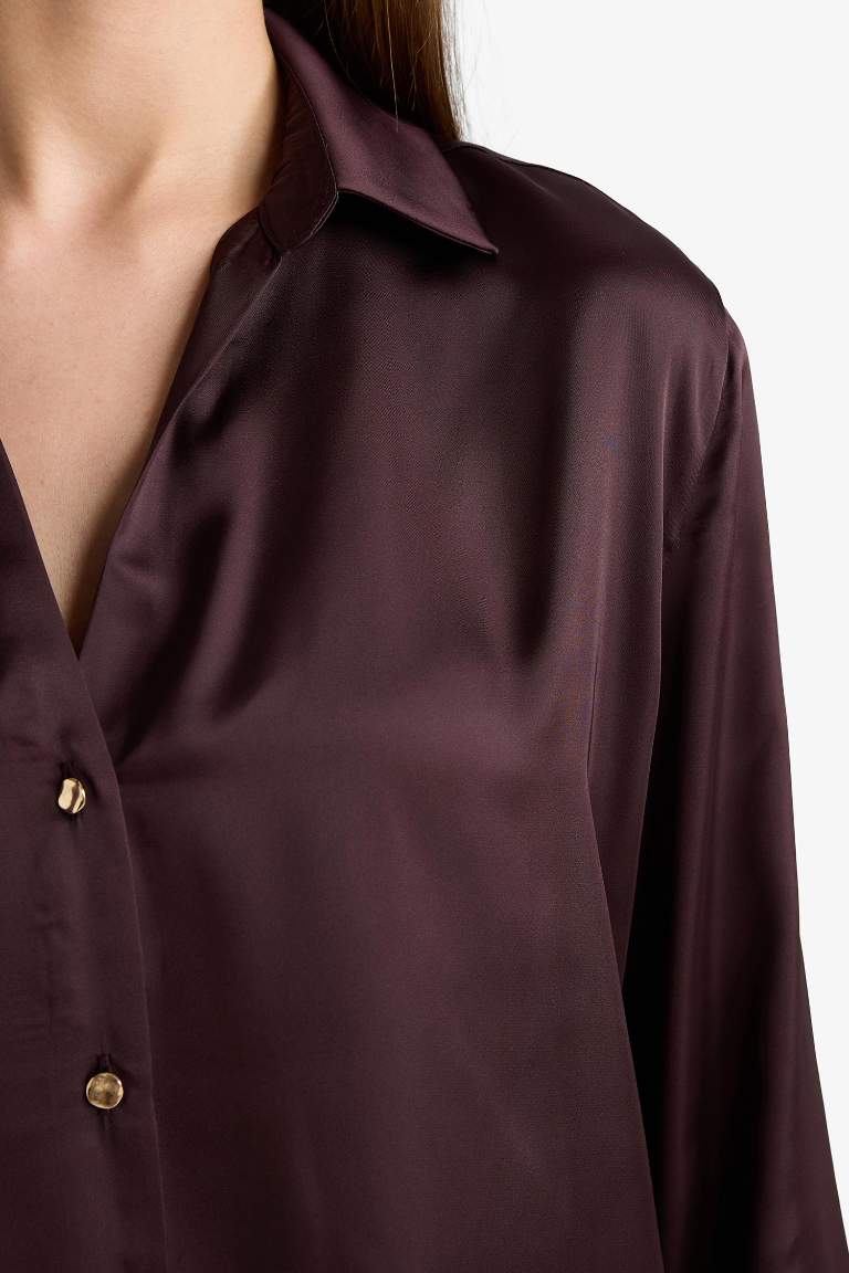 Regular Fit Shirt Collar Satin Long Sleeve Shirt