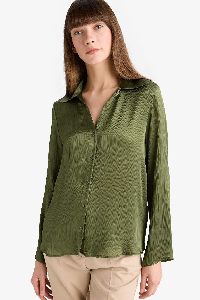 Regular Fit Shirt Collar Satin Long Sleeve Shirt