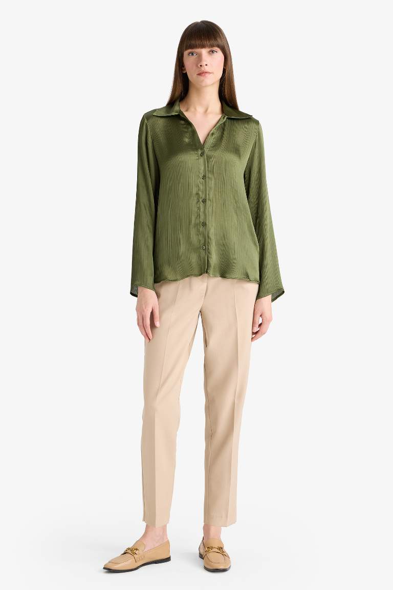 Regular Fit Shirt Collar Satin Long Sleeve Shirt
