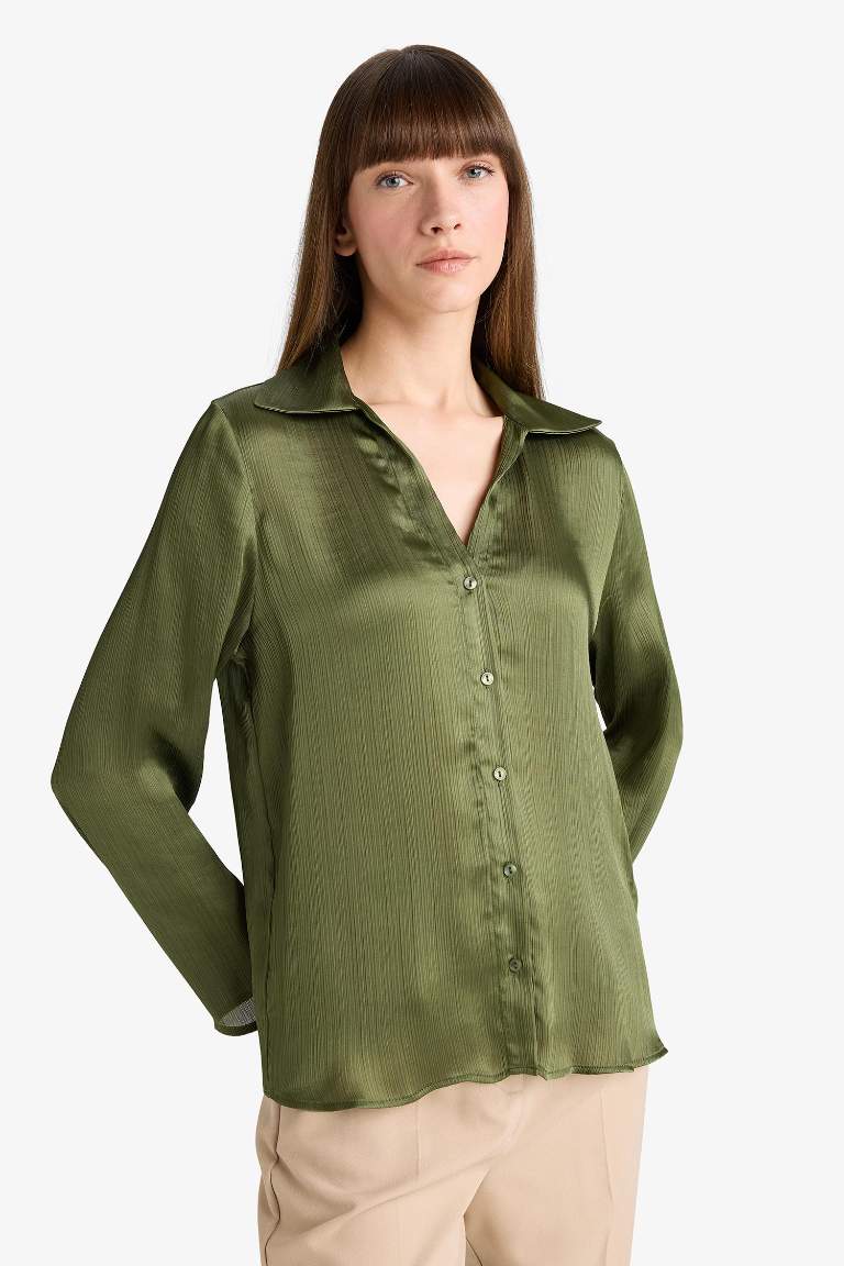 Regular Fit Shirt Collar Satin Long Sleeve Shirt