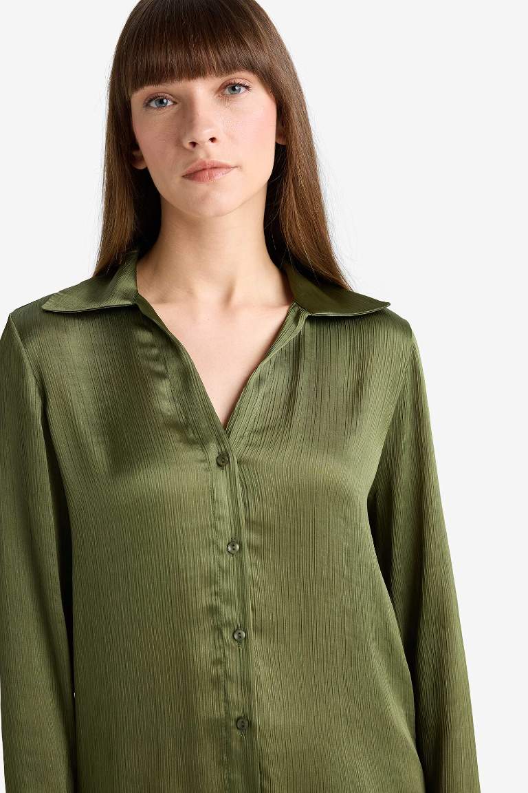 Regular Fit Shirt Collar Satin Long Sleeve Shirt