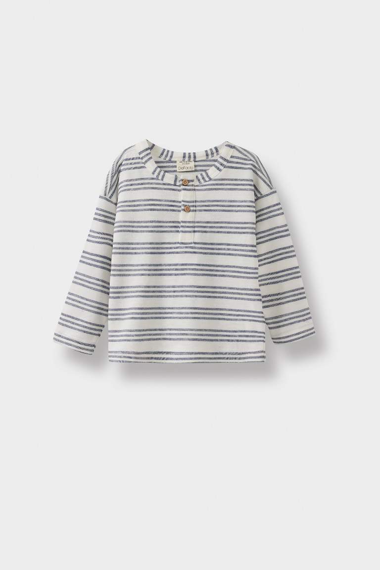 Baby Boy Crew Neck Striped Pique Long Sleeve T-Shirt