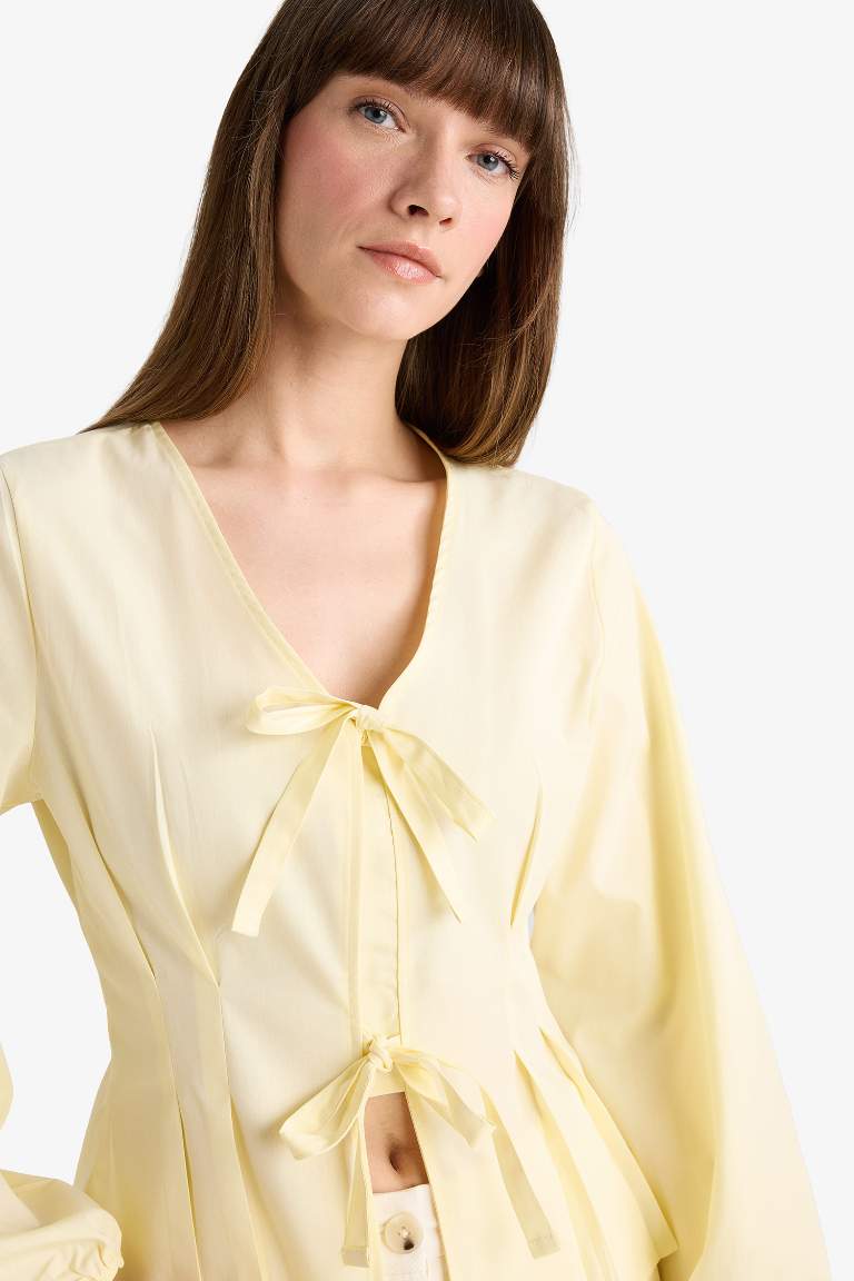 Slim Fit V-Neck Long Sleeve Blouse