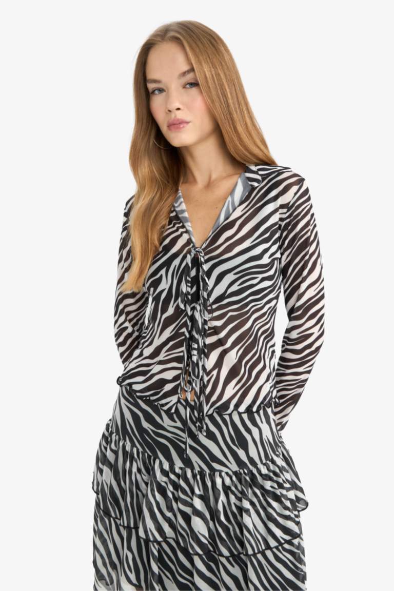 Fitted Polo Neck Zebra Print Tie Front Tulle Blouse