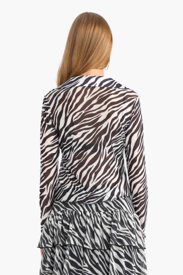 Fitted Polo Neck Zebra Print Tie Front Tulle Blouse
