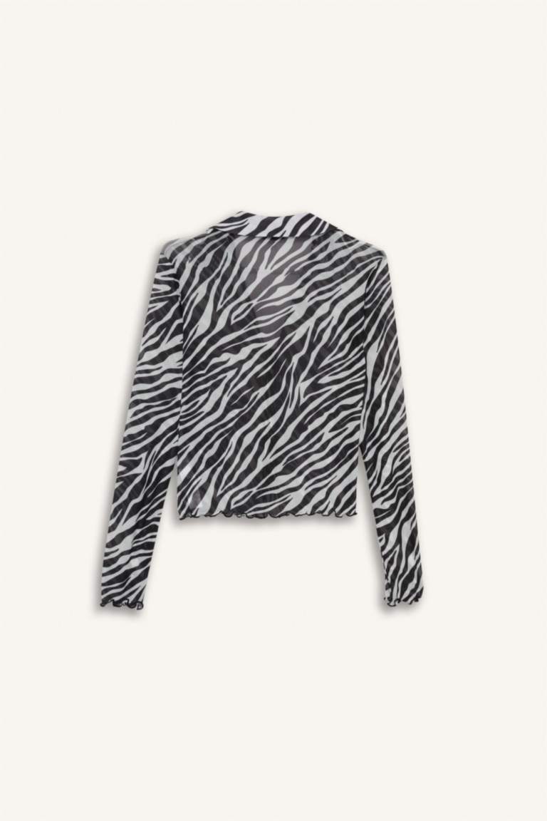 Fitted Polo Neck Zebra Print Tie Front Tulle Blouse