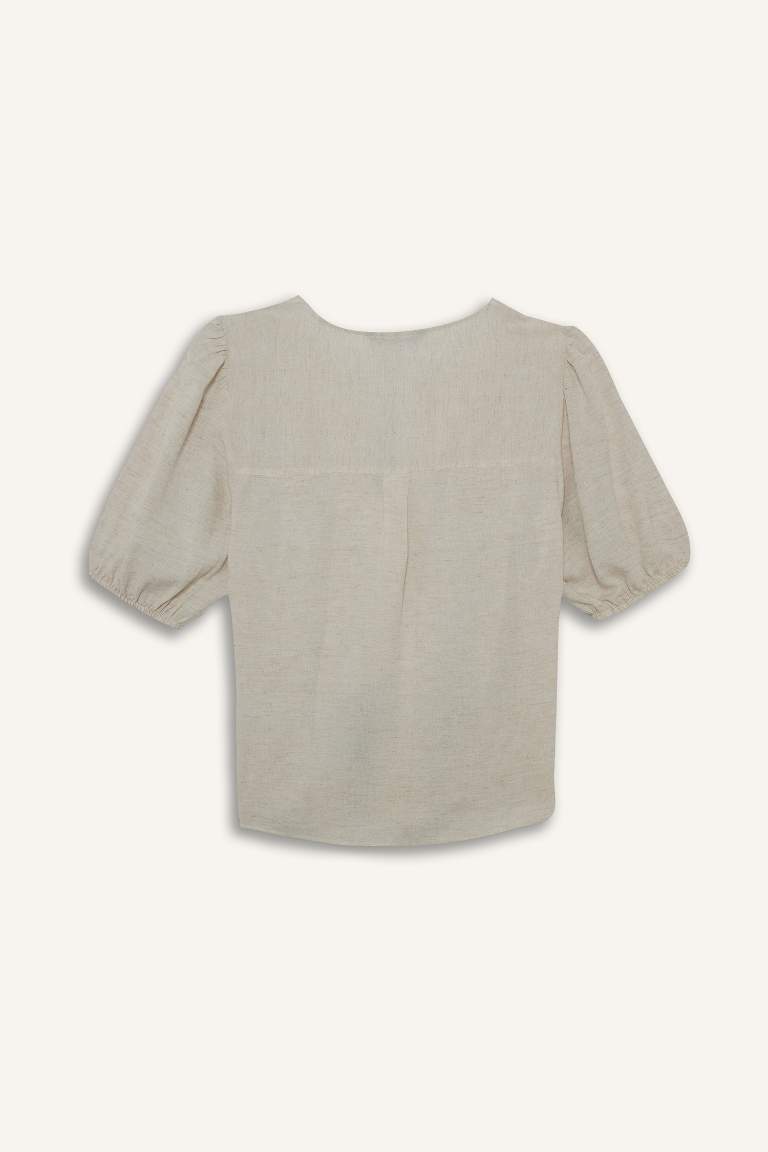 Regular Fit Crew Neck Linen Blend Blouse