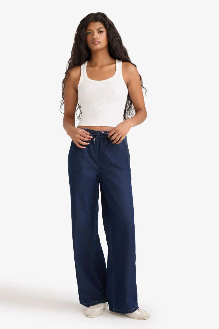 Wide Leg Regular Hem Denim Trousers