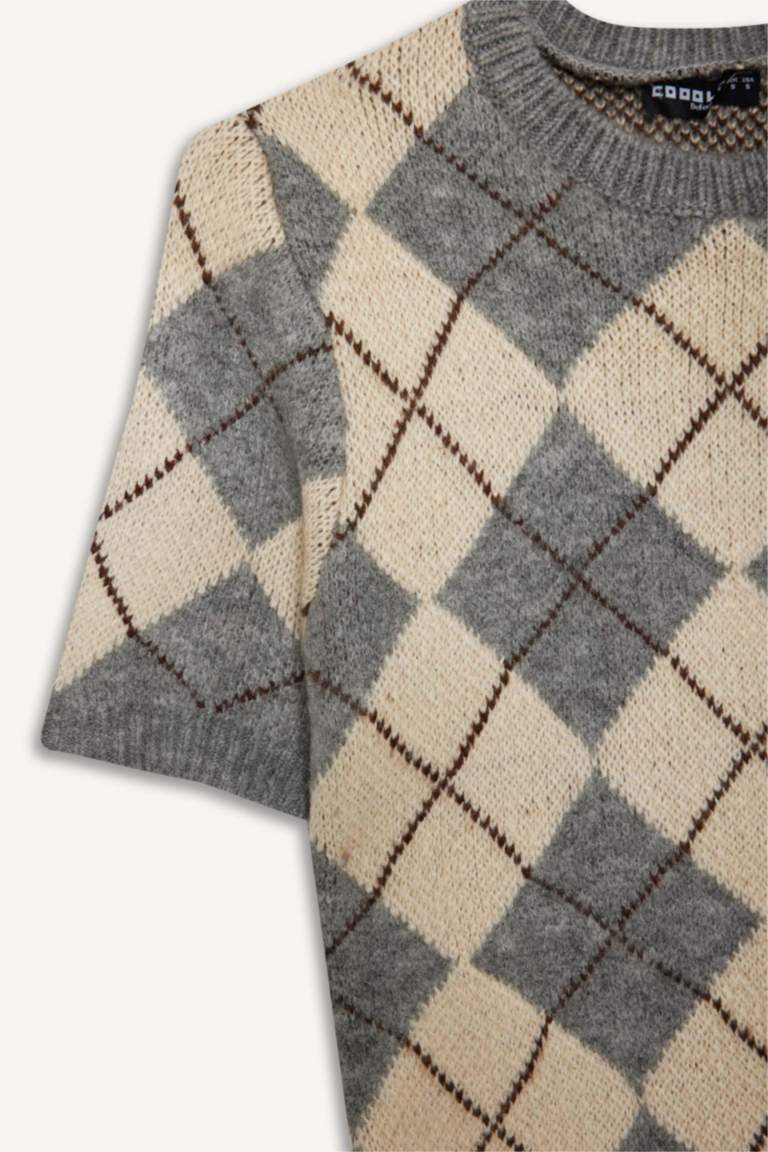 بلوفر نص كم منقوش سليم فيت برقبة مستديرة