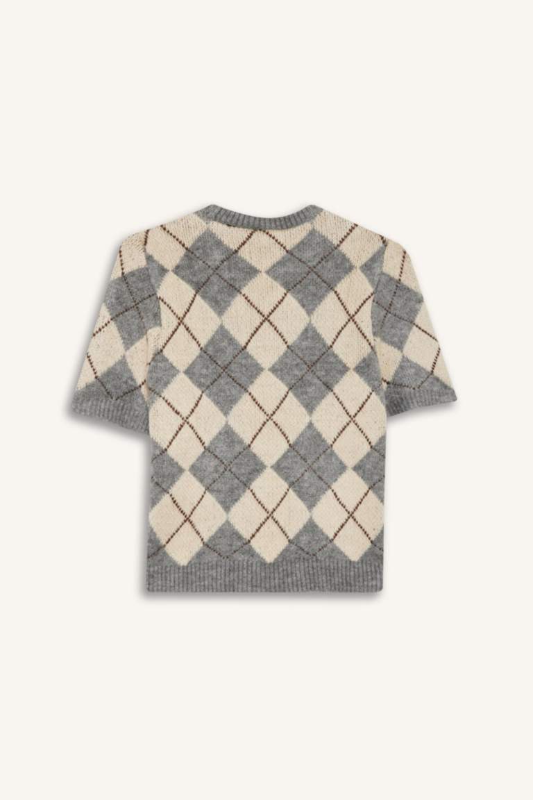 بلوفر نص كم منقوش سليم فيت برقبة مستديرة