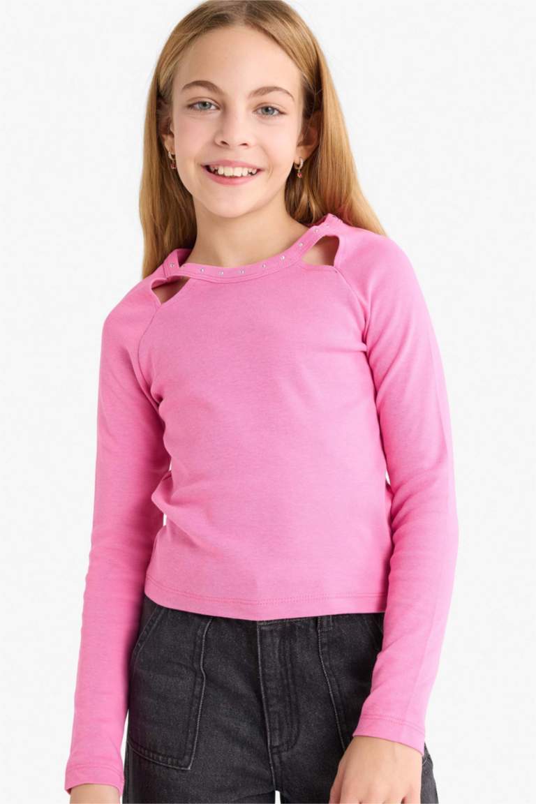 Kız Çocuk Slim Fit Dar Kesim Taşlı Yaka Fitilli Kaşkorse Uzun Kollu Tişört