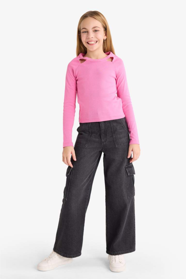 Kız Çocuk Slim Fit Dar Kesim Taşlı Yaka Fitilli Kaşkorse Uzun Kollu Tişört