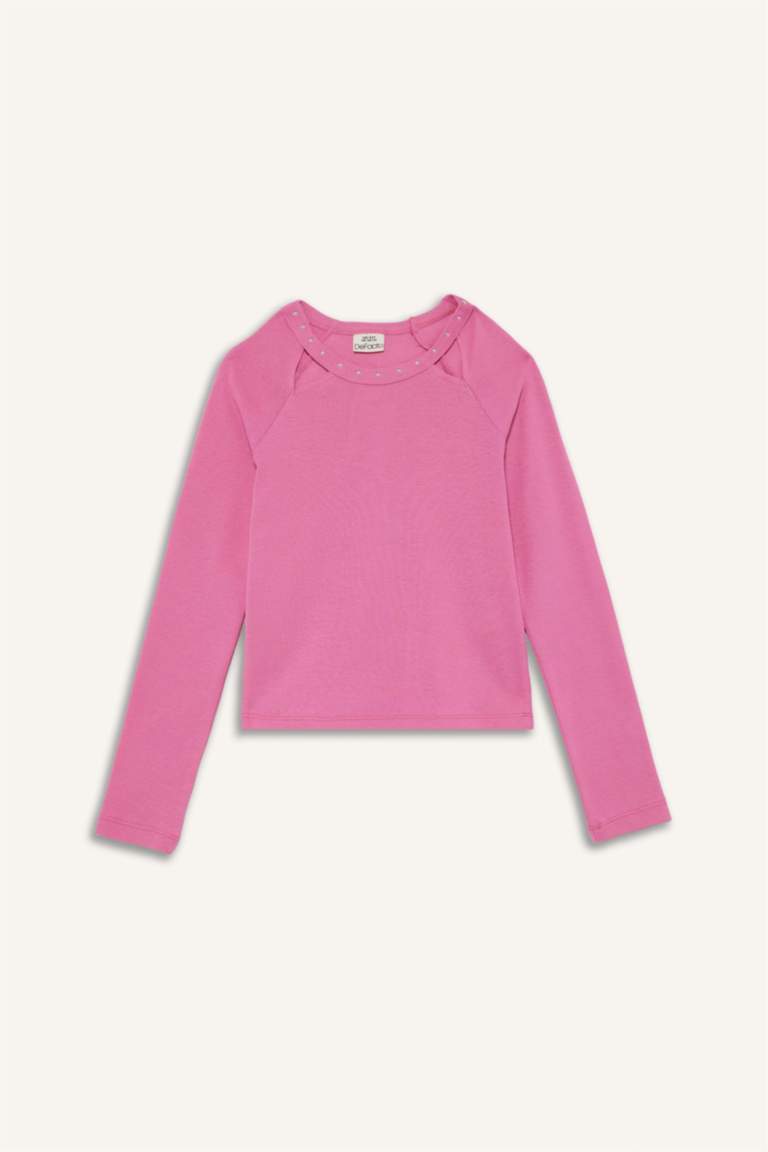 Kız Çocuk Slim Fit Dar Kesim Taşlı Yaka Fitilli Kaşkorse Uzun Kollu Tişört