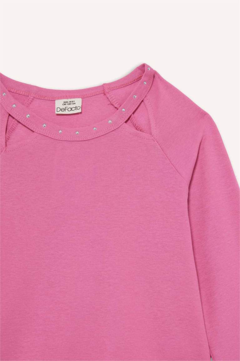 Kız Çocuk Slim Fit Dar Kesim Taşlı Yaka Fitilli Kaşkorse Uzun Kollu Tişört