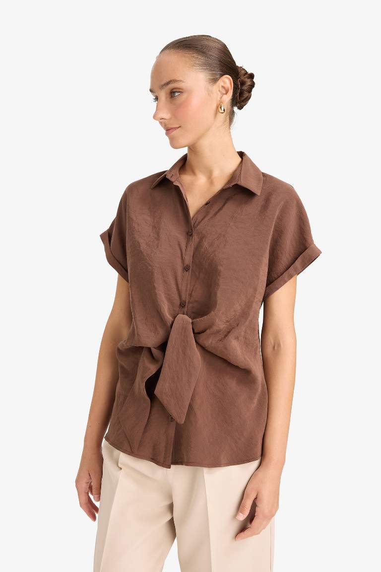 Regular Fit Shirt Collar Short Sleeve Blouse