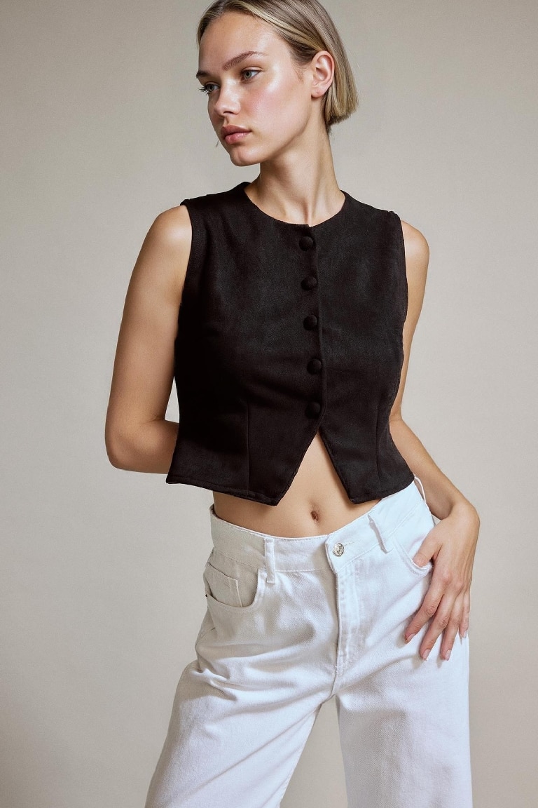 Düğmeli Crop Süet Yelek