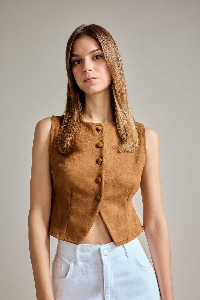 Düğmeli Crop Süet Yelek