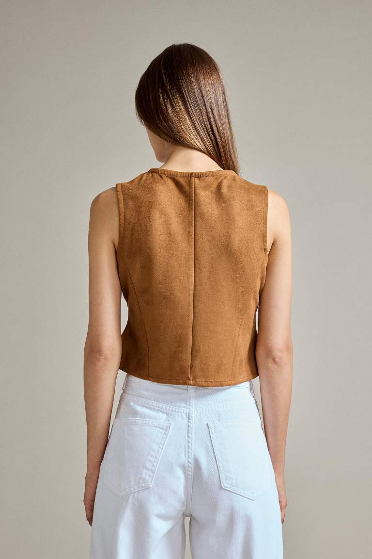 Düğmeli Crop Süet Yelek
