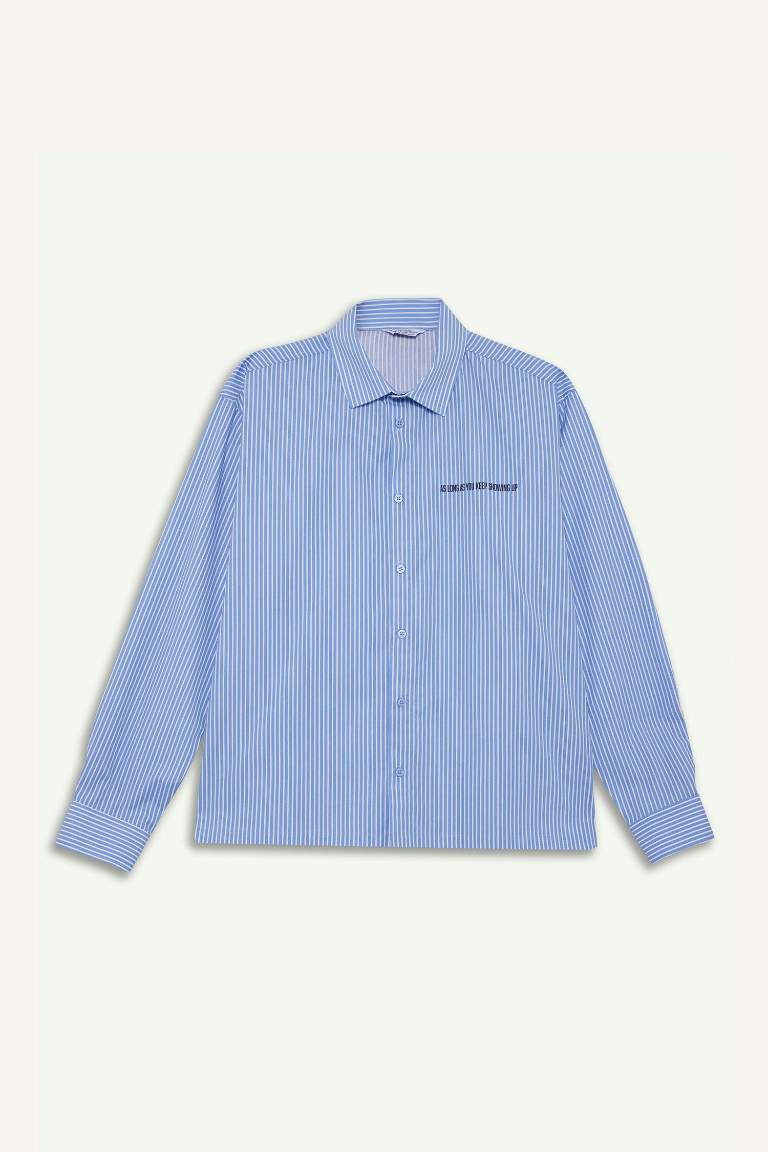 Boxy Fit Printed Striped Woven Long Sleeve Shirt