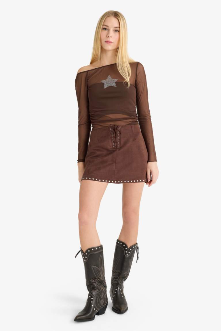 Fitted Crew Neck One Shoulder Tulle T-Shirt