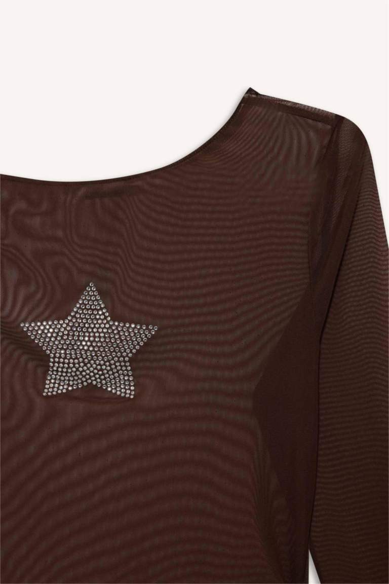 Fitted Crew Neck One Shoulder Tulle T-Shirt