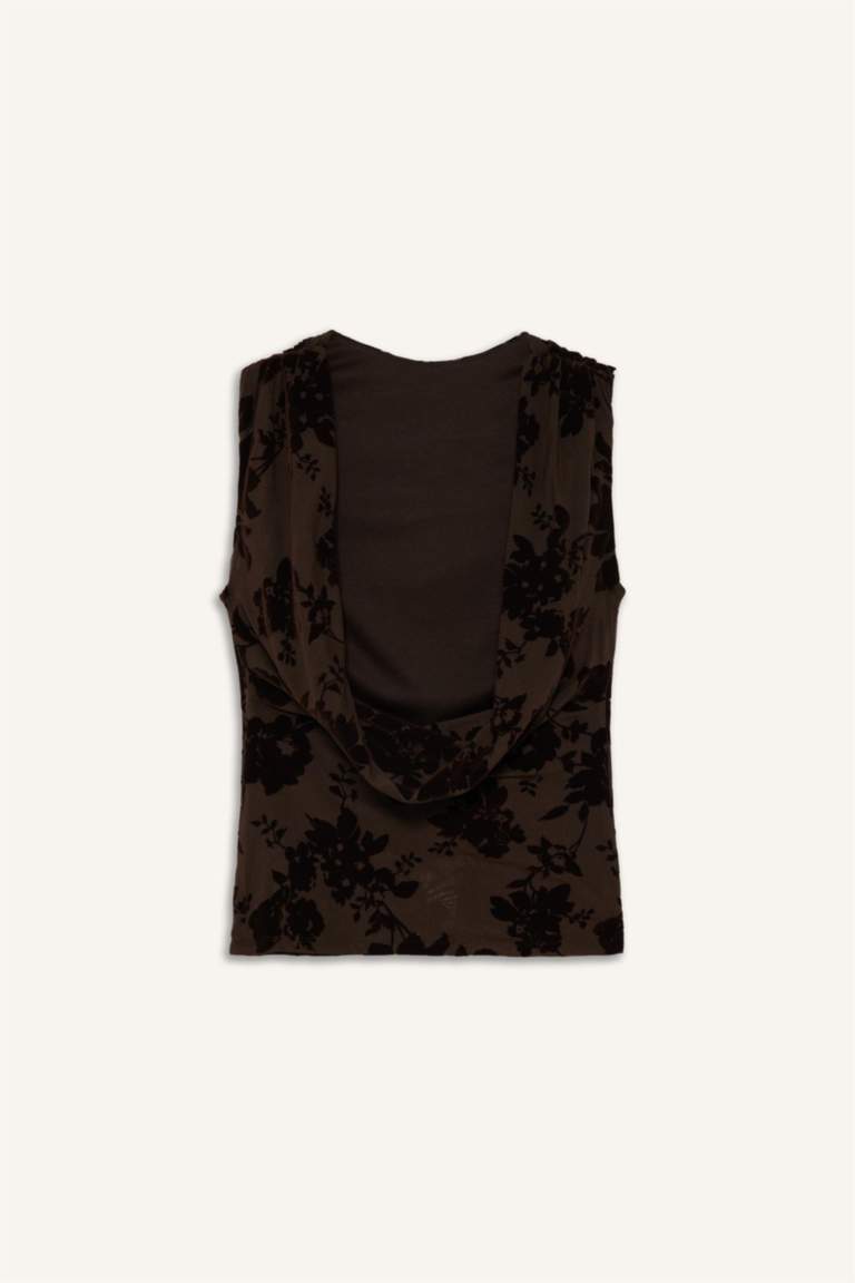Round Neck Floral Tulle Sleeveless Blouse