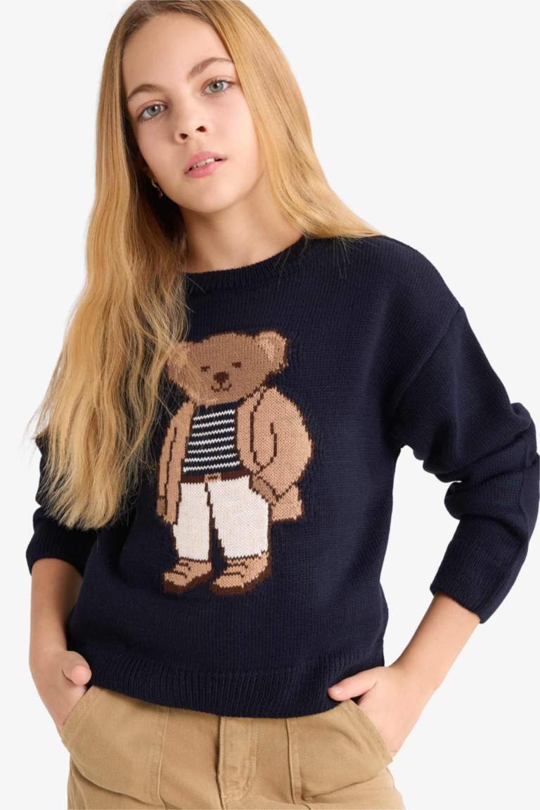 Kız Çocuk Bisiklet Yaka Ayı Baskılı Triko Kazak