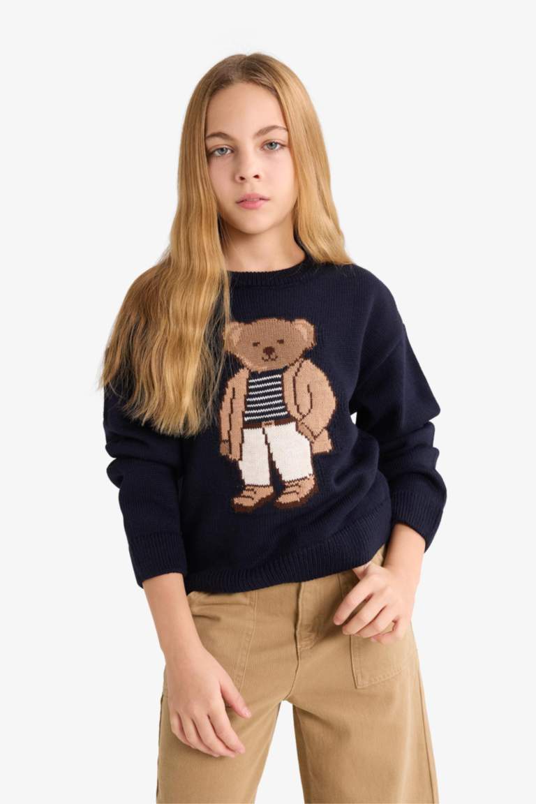 Kız Çocuk Bisiklet Yaka Ayı Baskılı Triko Kazak