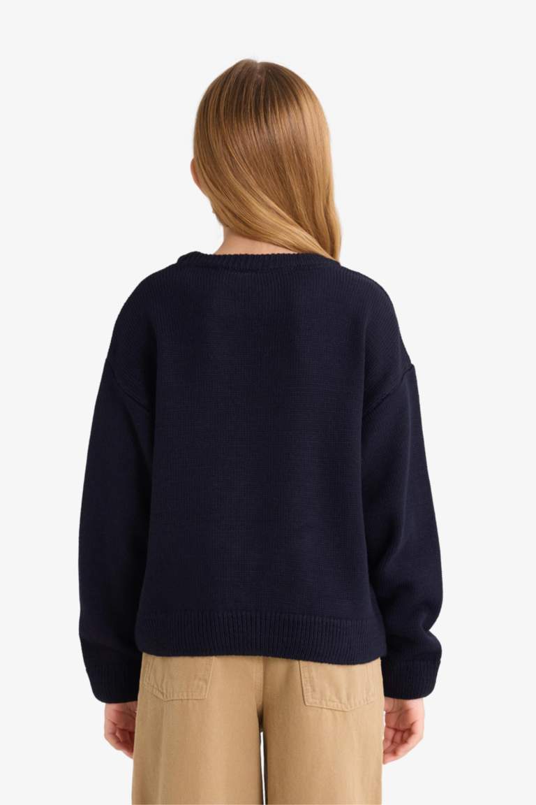 Kız Çocuk Bisiklet Yaka Ayı Baskılı Triko Kazak