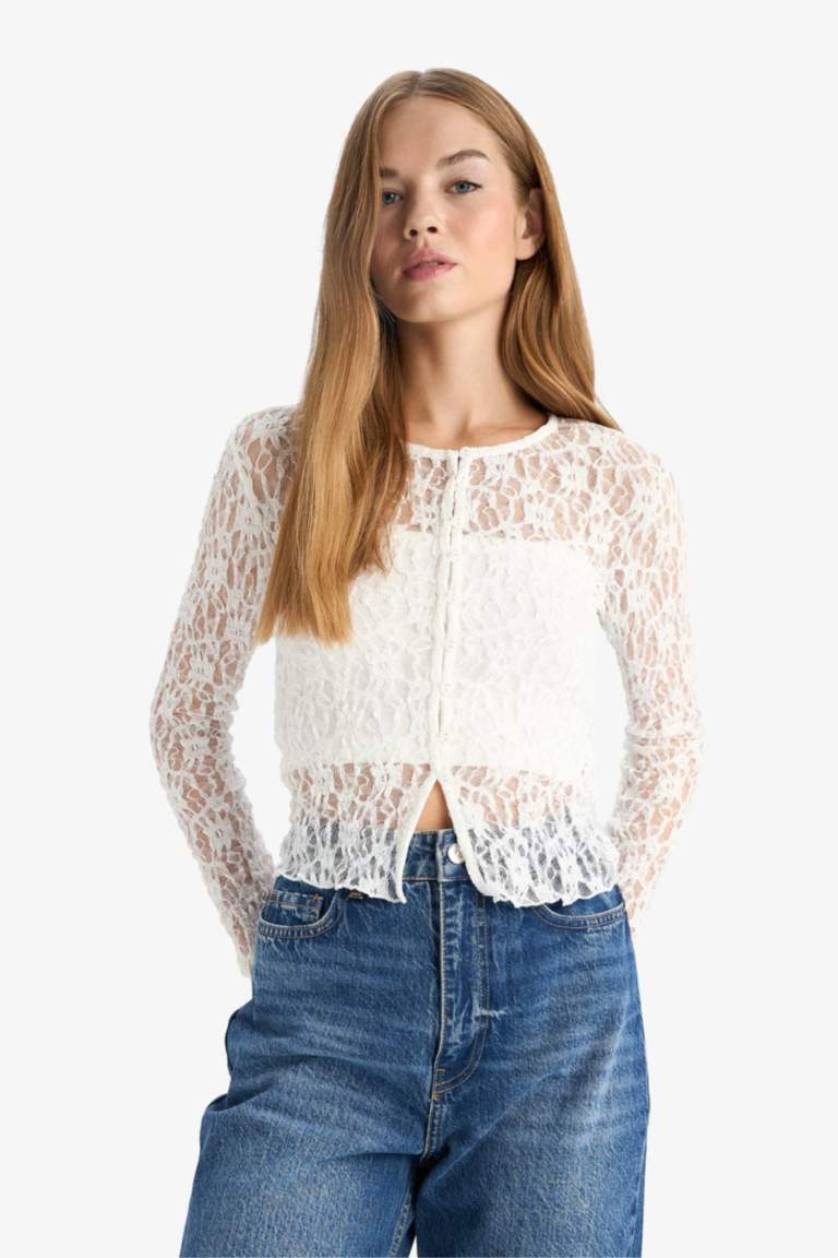 Slim Fit Crew Neck Lace Cardigan