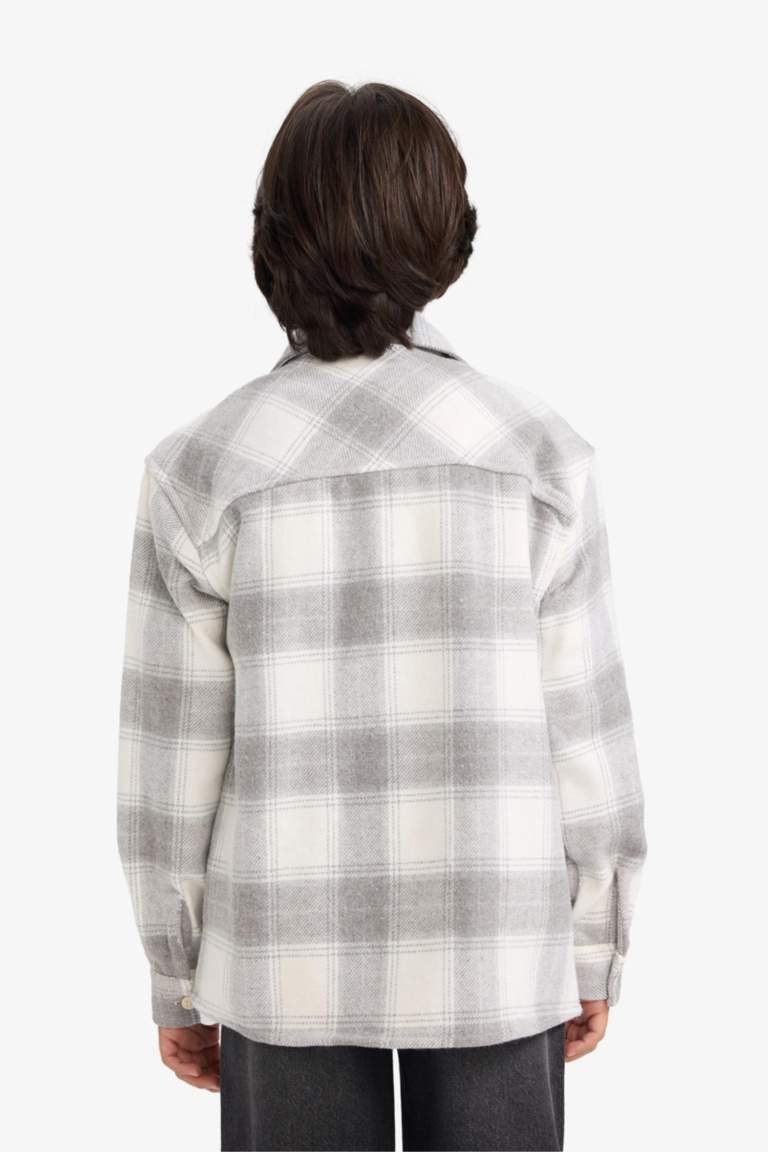 Erkek Çocuk Oversize Geniş Kalıp Polo Yaka Ekose Desenli Flanel Uzun Kollu Gömlek