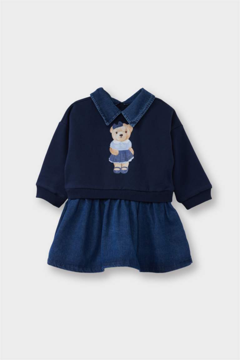 Kız Bebek Gömlek Yaka Ayı Baskılı Uzun Kollu Sweatshirt Elbise