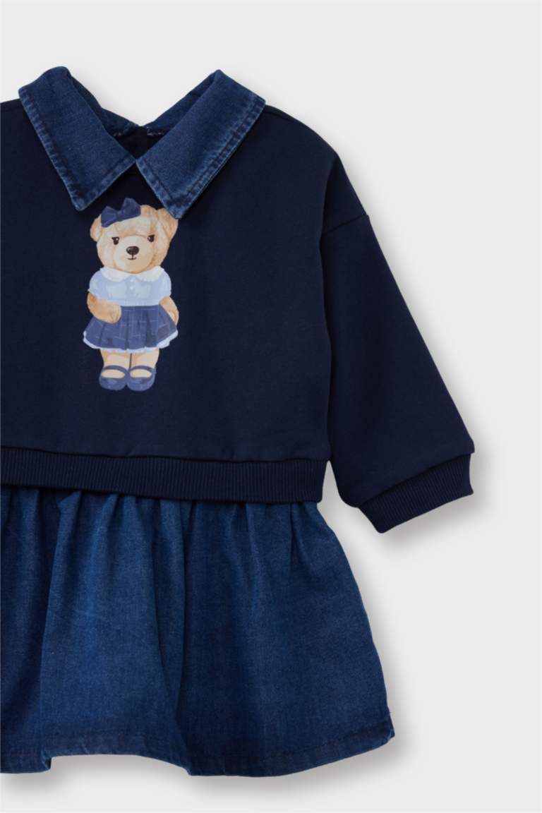 Kız Bebek Gömlek Yaka Ayı Baskılı Uzun Kollu Sweatshirt Elbise