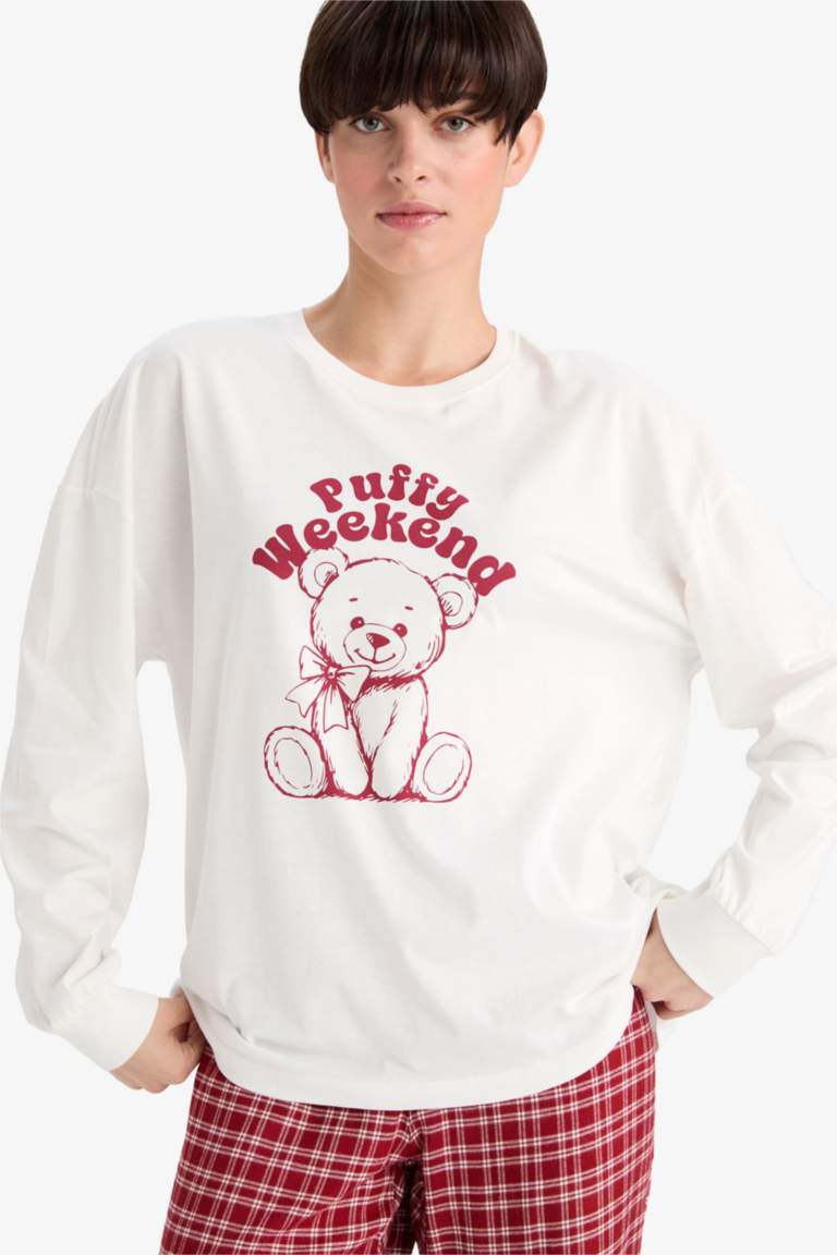 Regular Fit Bisiklet Yaka Baskılı Uzun Kollu Pijama Üstü-Fall in Love