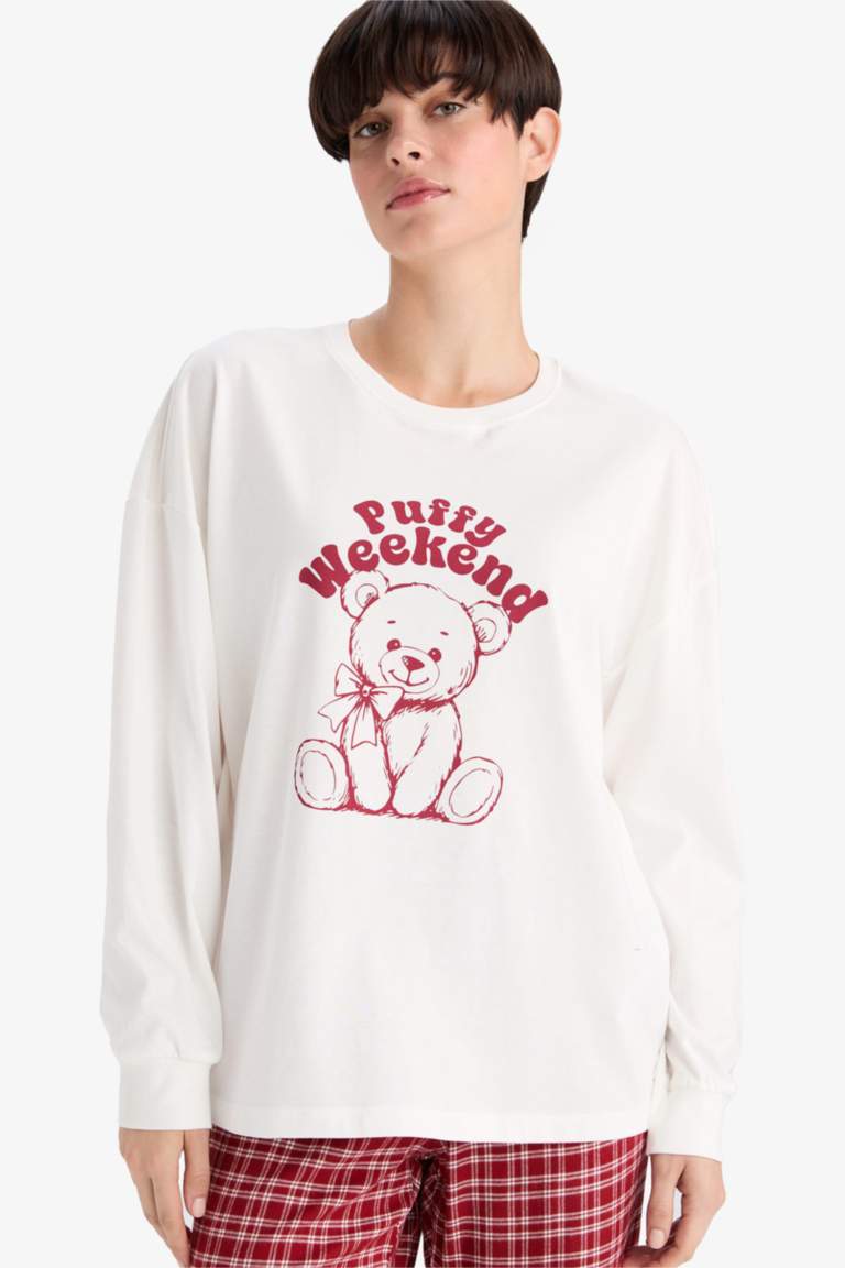 Regular Fit Bisiklet Yaka Baskılı Uzun Kollu Pijama Üstü-Fall in Love