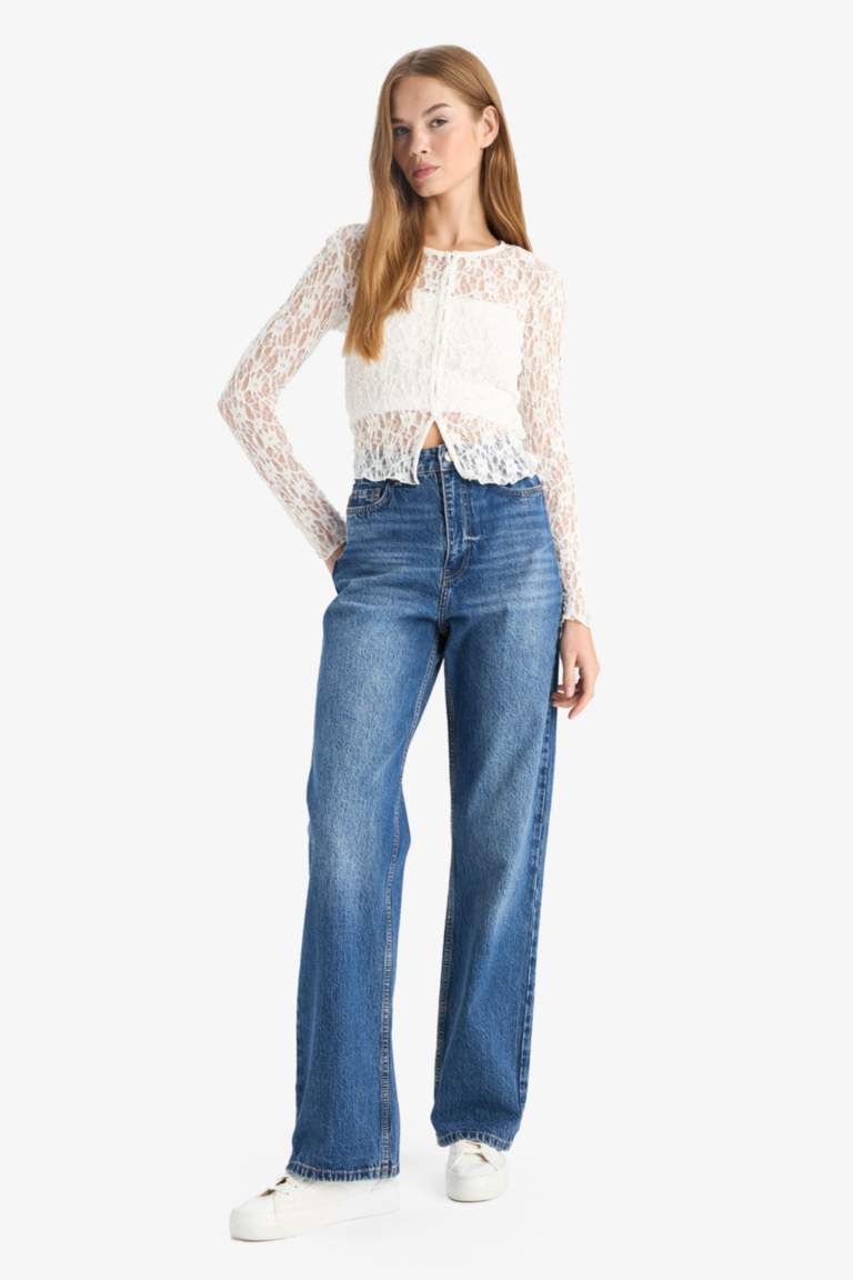Straight Fit High Waist Long Washed Jeans