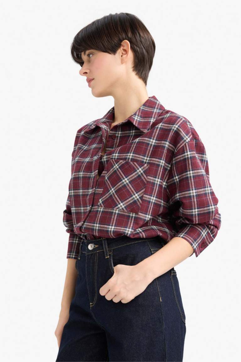 Overshirt Fit Gömlek Yaka Kareli Flanel Uzun Kollu Gömlek