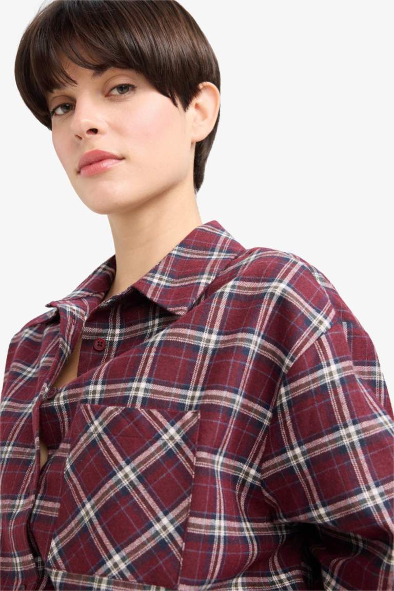 Overshirt Fit Gömlek Yaka Kareli Flanel Uzun Kollu Gömlek