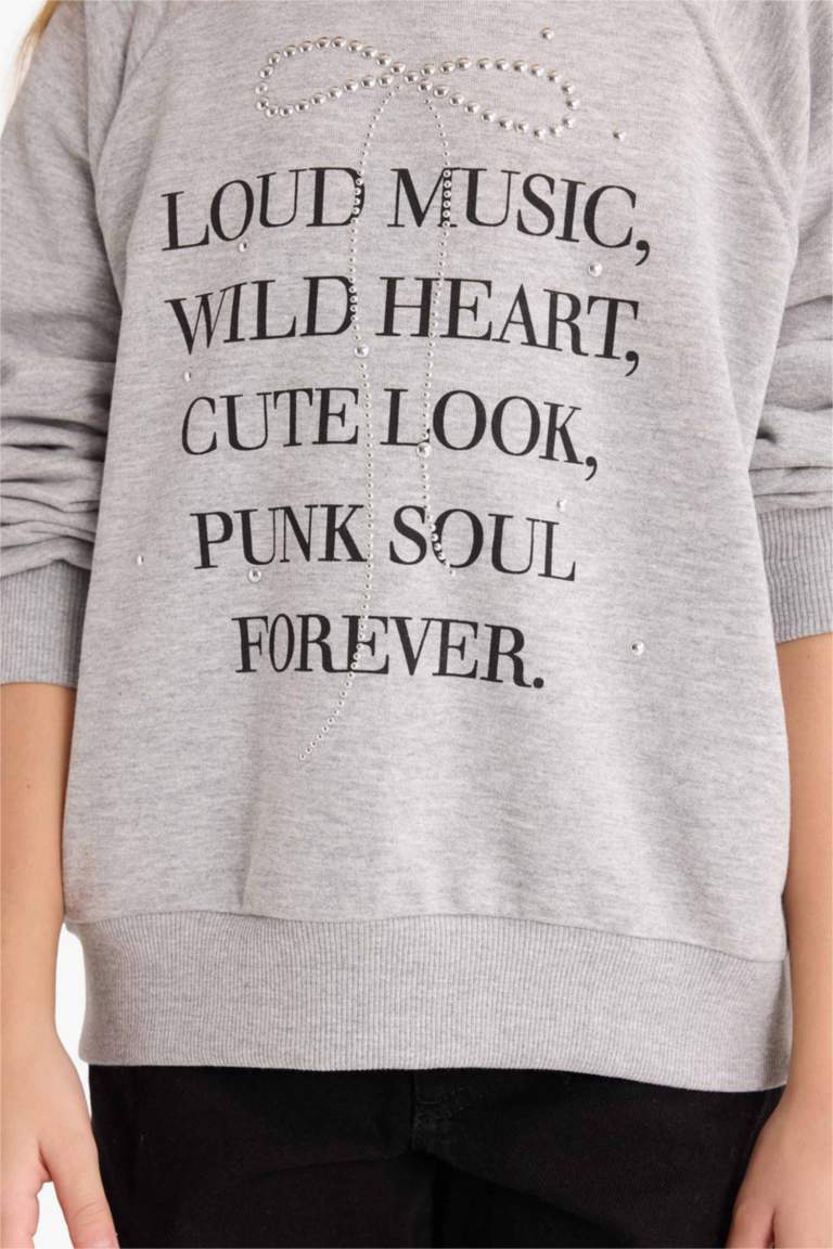 Kız Çocuk Relax Fit Bisiklet Yaka Baskılı Sweatshirt