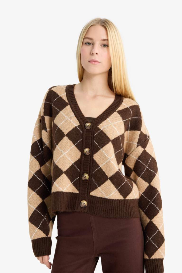 Regular Fit V Yaka Baklava Desenli Düğmeli Hırka