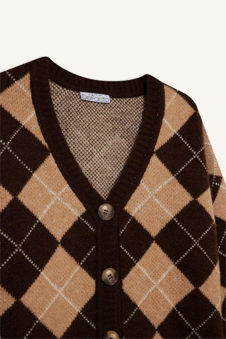 Regular Fit V Yaka Baklava Desenli Düğmeli Hırka