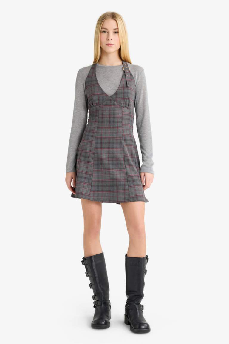 Coool Halter Yaka Kareli Mini Elbise