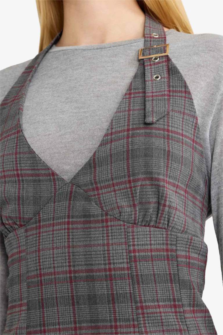 Coool Halter Yaka Kareli Mini Elbise