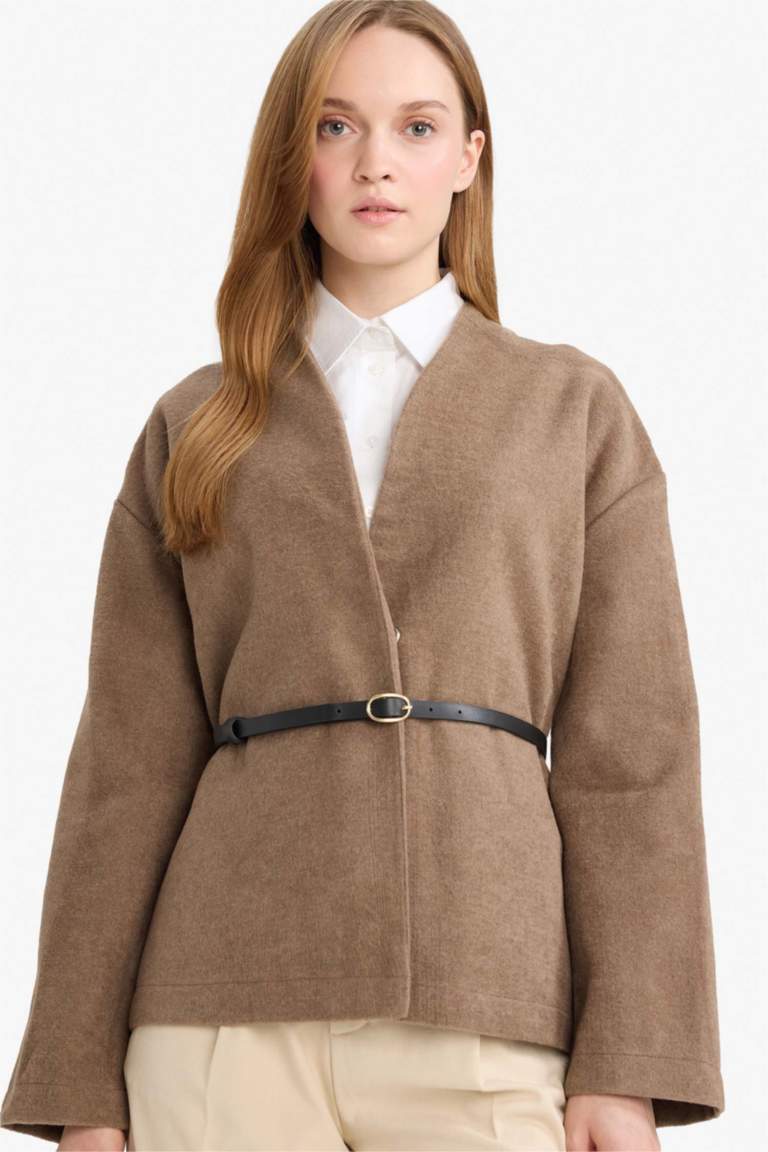 Yuvarlak Yaka Yün Görünümlü Kaşe Ceket