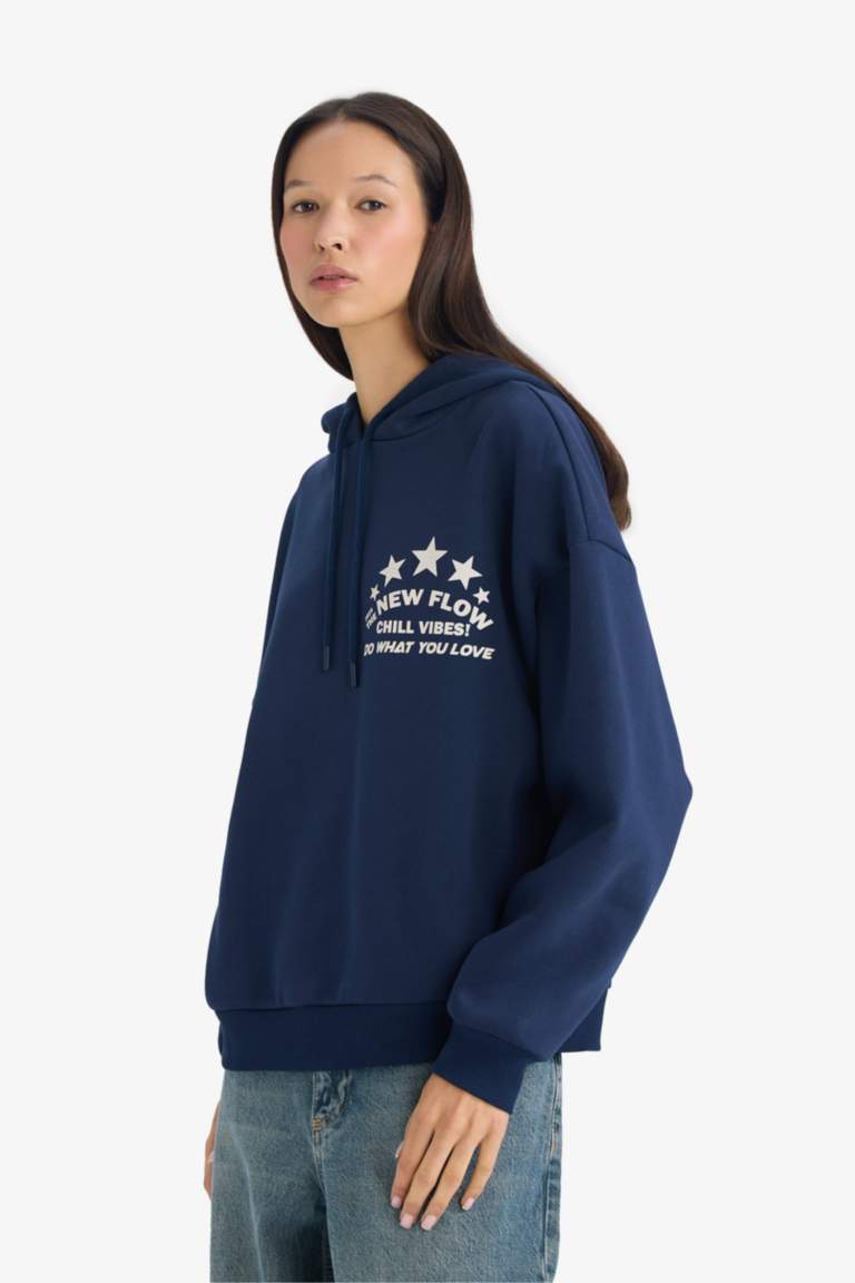 Oversize Geniş Kalıp Kapüşonlu Sırt Baskılı Sweatshirt