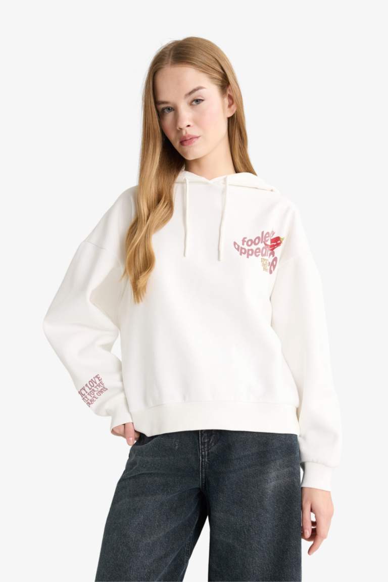 Oversize Geniş Kalıp Kapüşonlu Sırt Baskılı Sweatshirt