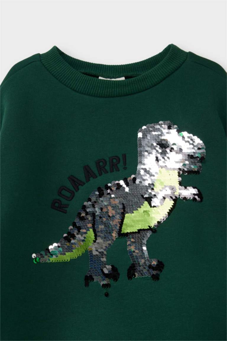 Erkek Bebek Bisiklet Yaka Dinozor Baskılı İçi Yumuşak Tüylü Sweatshirt