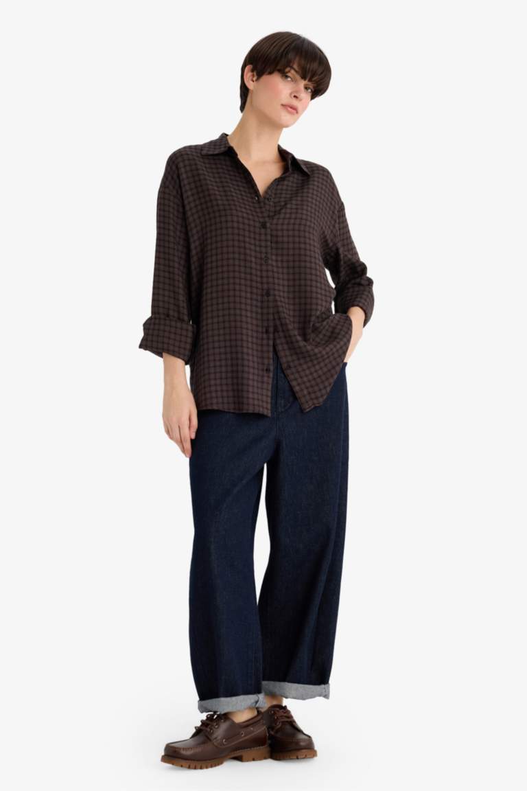 Regular Fit Gömlek Yaka Kareli Flanel Uzun Kollu Gömlek